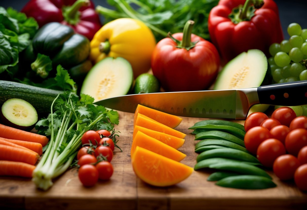 A cutting board with various vegetables and fruits arranged for demonstration of knife cuts