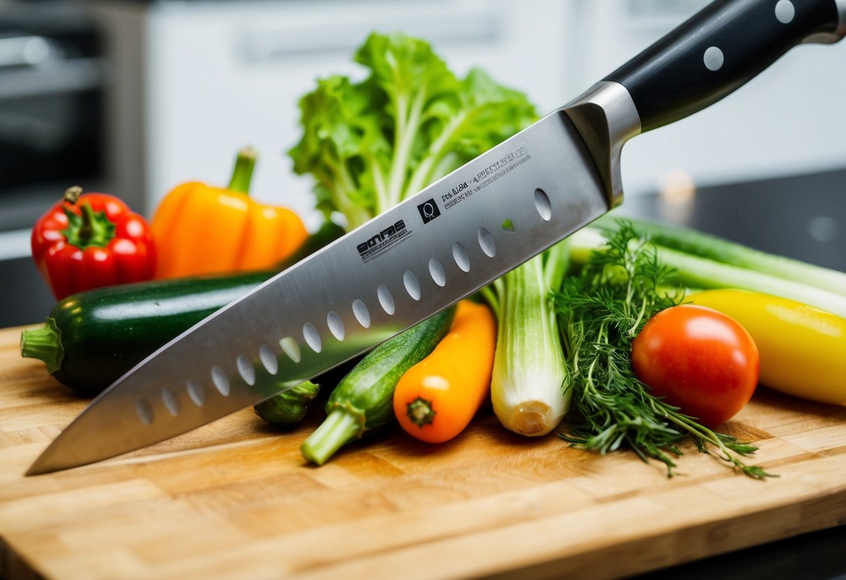 A chef's knife slicing through various vegetables with precision and speed on a wooden cutting board