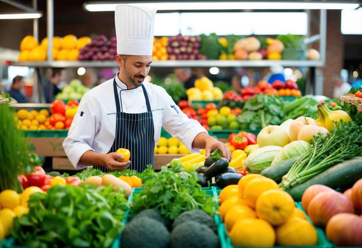 A chef carefully selects fresh ingredients from a vibrant farmers market, showcasing a variety of colorful fruits, vegetables, and herbs