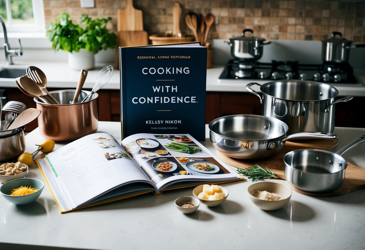 A kitchen scene with various cooking utensils, pots, pans, and ingredients neatly organized on a countertop. A cookbook titled "Cooking with Confidence" by Kelsey Nixon is open to a page featuring essential cooking techniques