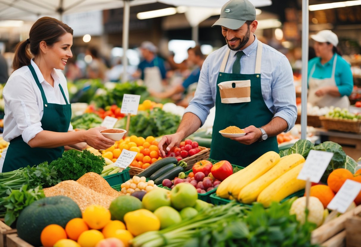 A person carefully selects a variety of fresh fruits, vegetables, and grains at a bustling farmers' market, while a friendly vendor offers samples of homemade sauces and dips