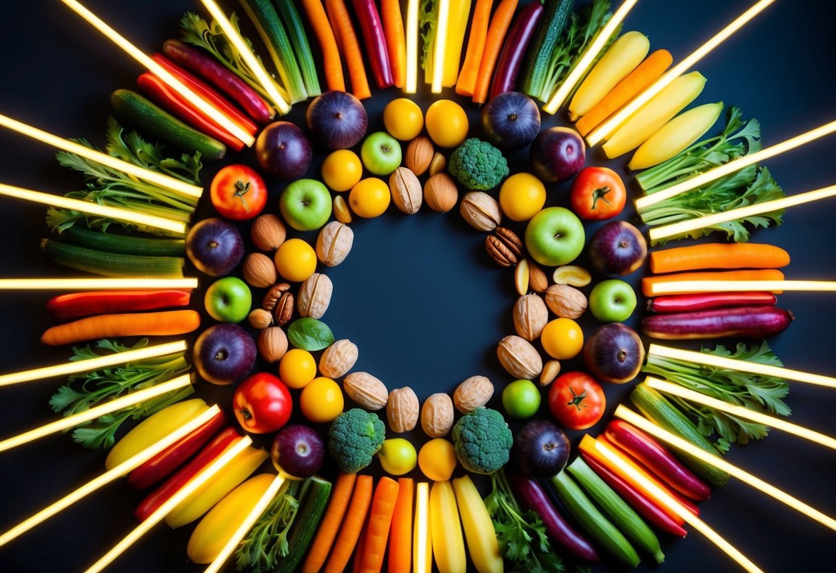 A vibrant array of colorful fruits, vegetables, and nuts arranged in a circular pattern, surrounded by glowing lines symbolizing energy and vitality