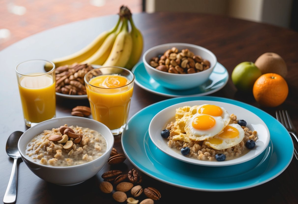 A table set with a bowl of oatmeal, a plate of scrambled eggs, and a glass of orange juice, surrounded by fresh fruits and nuts