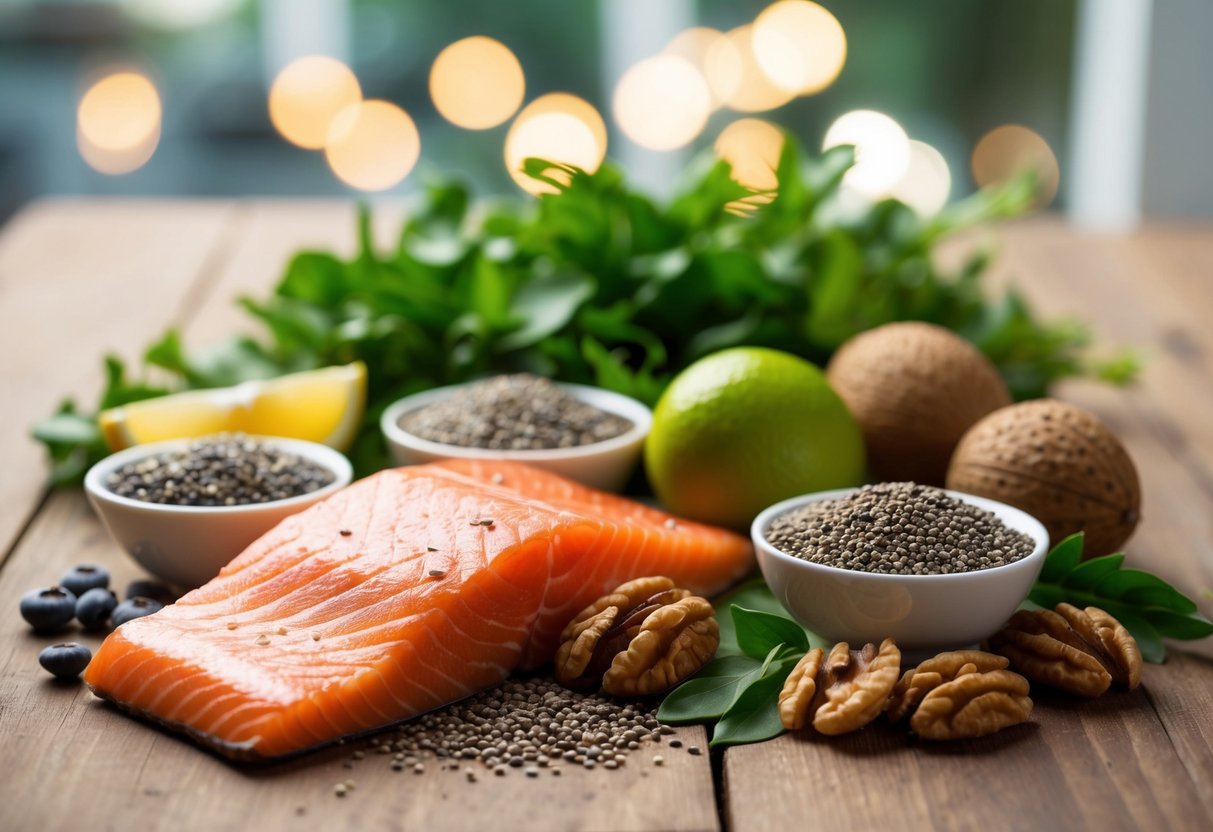 A vibrant assortment of omega-3 rich superfoods, including salmon, chia seeds, and walnuts, arranged on a wooden table with fresh greenery in the background