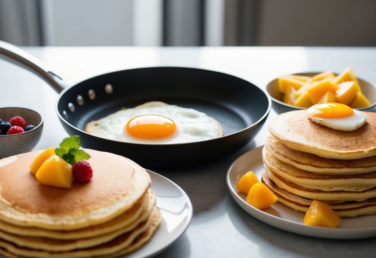 A sunny-side-up egg sizzling in a frying pan next to a stack of golden brown pancakes and a bowl of fresh fruit