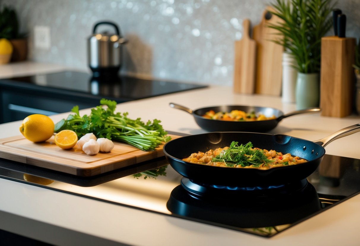 A kitchen counter with fresh ingredients, a cutting board, and a skillet sizzling with a quick weeknight meal being prepared