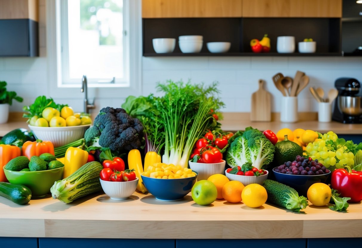 A colorful array of fresh vegetables and vibrant fruits arranged on a kitchen counter, with various bowls and utensils ready for meal preparation