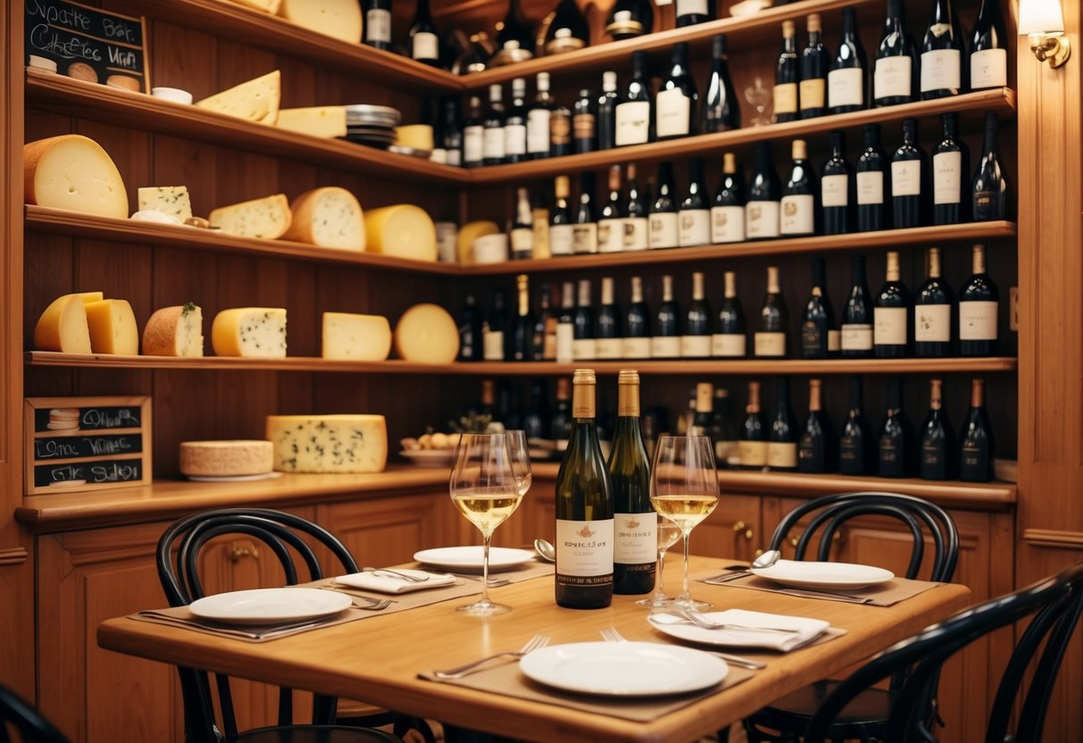 A cozy bistro in Paris, adorned with shelves of exquisite cheeses and bottles of wine, invites diners to savor the local flavors in a charming, hidden gem setting