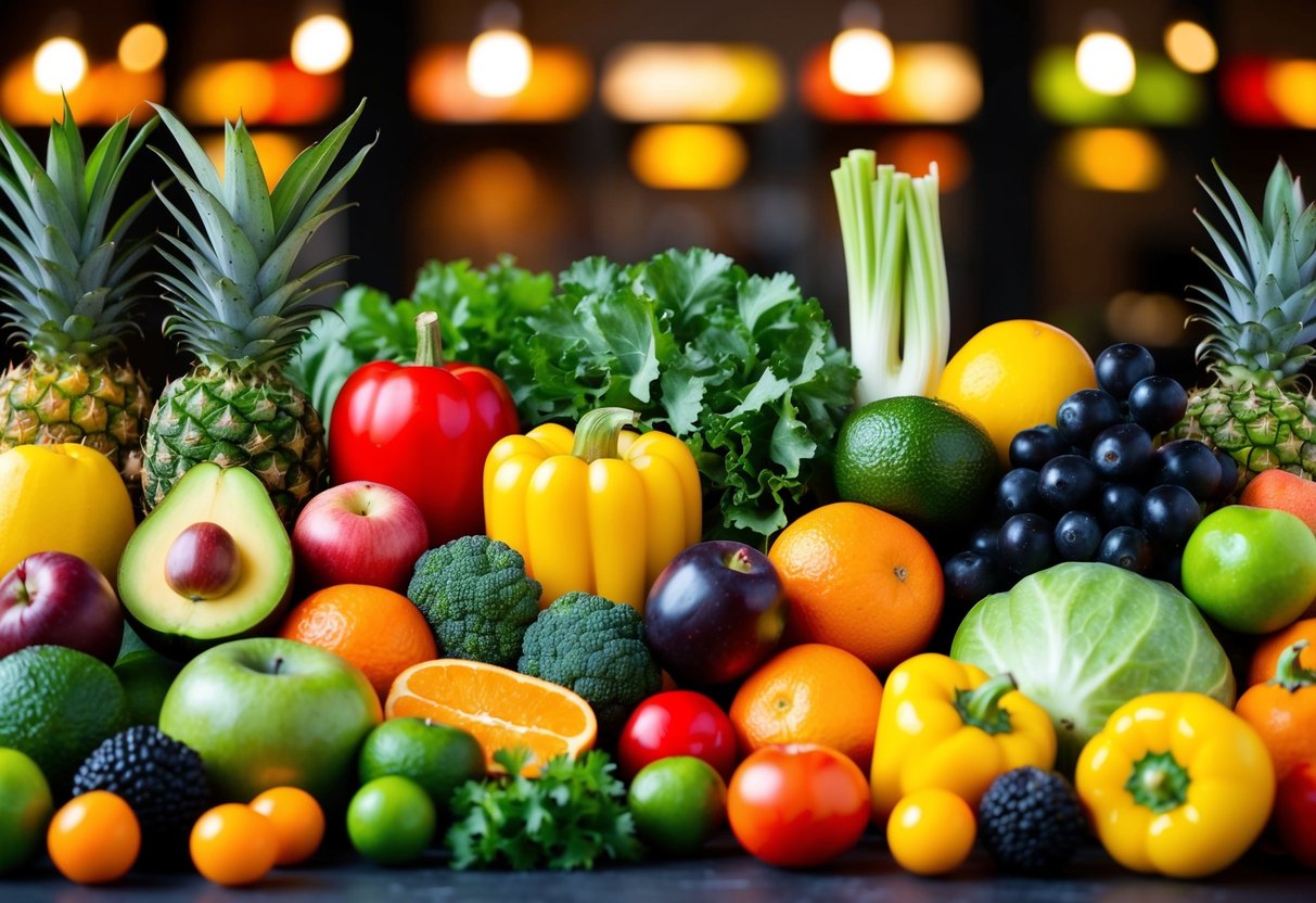 A colorful array of fresh fruits and vegetables arranged in an artistic and appetizing manner, with complementary pairings displayed together