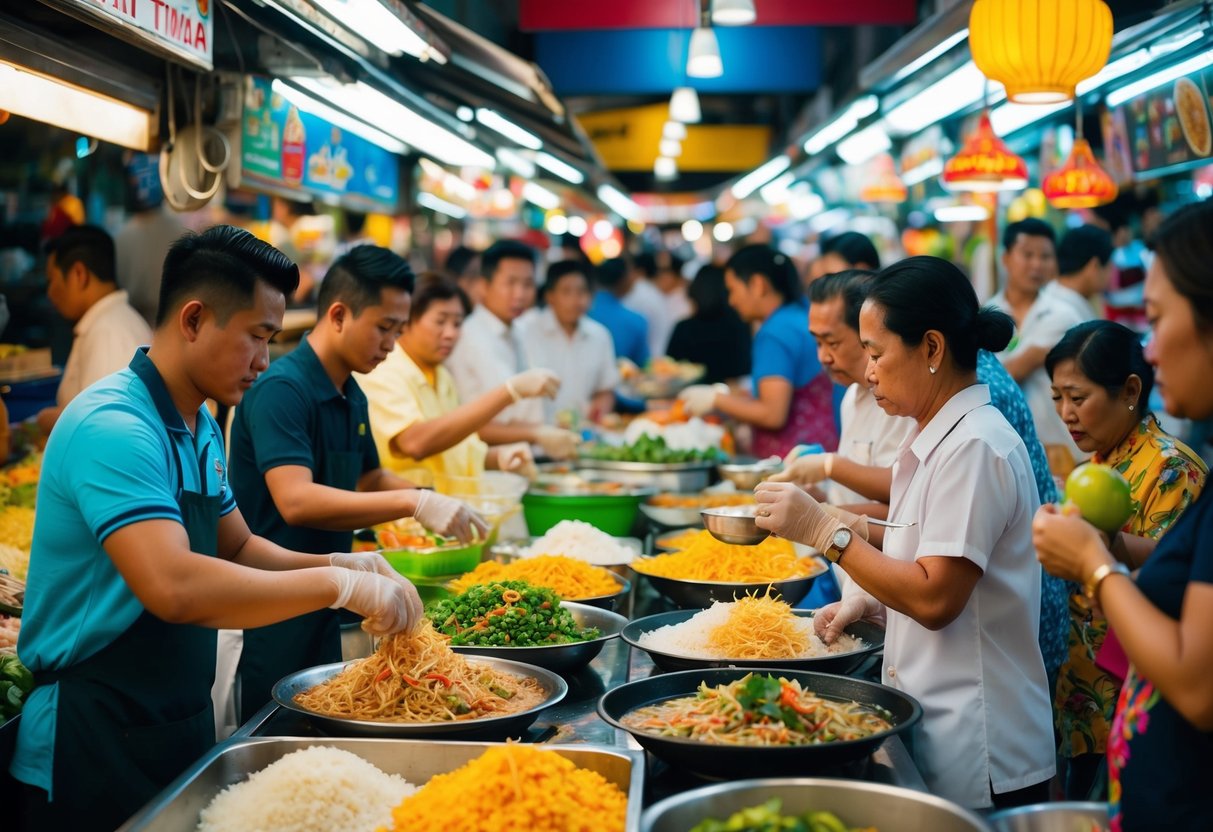 A bustling Bangkok street market with vendors preparing and serving Som Tam and Tom Yum, surrounded by colorful stalls and eager customers