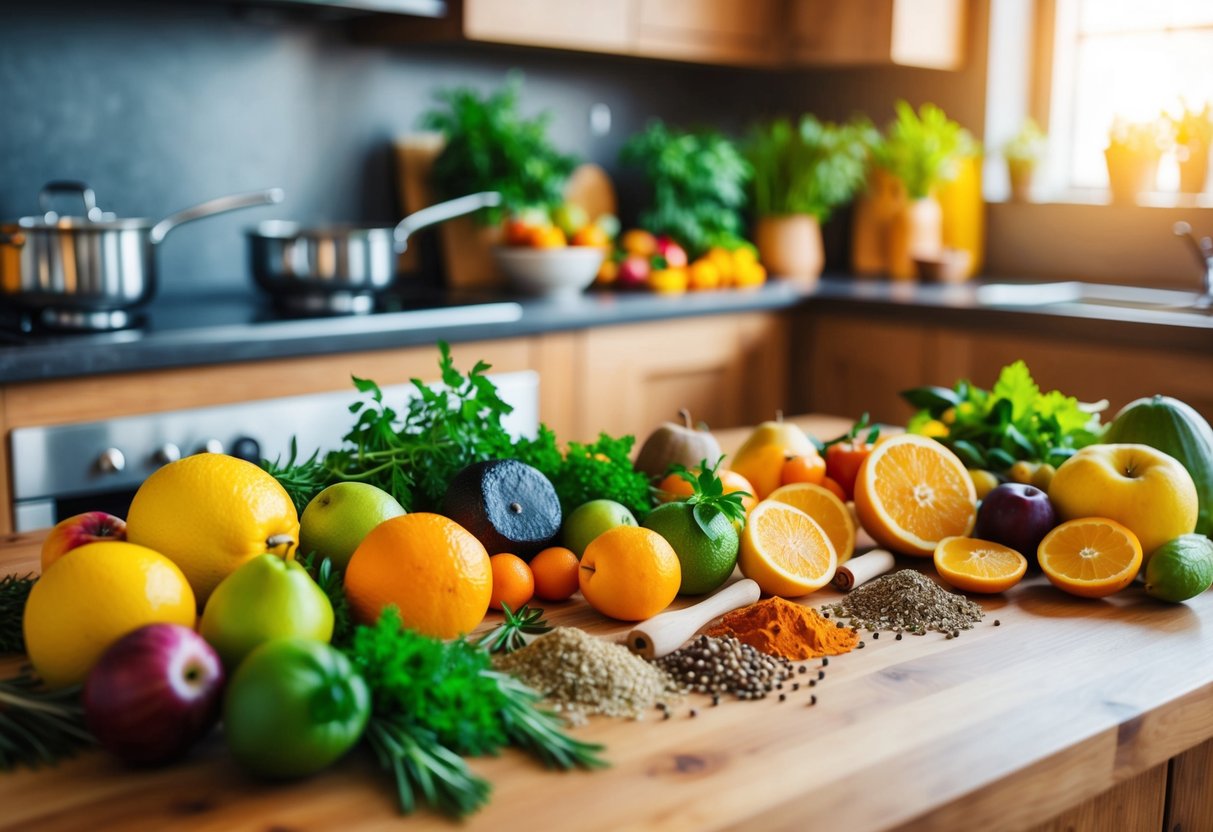 A colorful array of fresh fruits, herbs, and spices scattered on a wooden kitchen counter, with pots and pans bubbling on the stove in the background