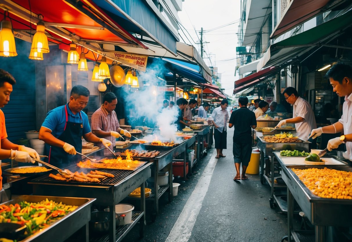 Colorful street food stalls line a bustling Bangkok street, offering a variety of aromatic and flavorful dishes. Smoke rises from sizzling grills as vendors prepare traditional Thai specialties