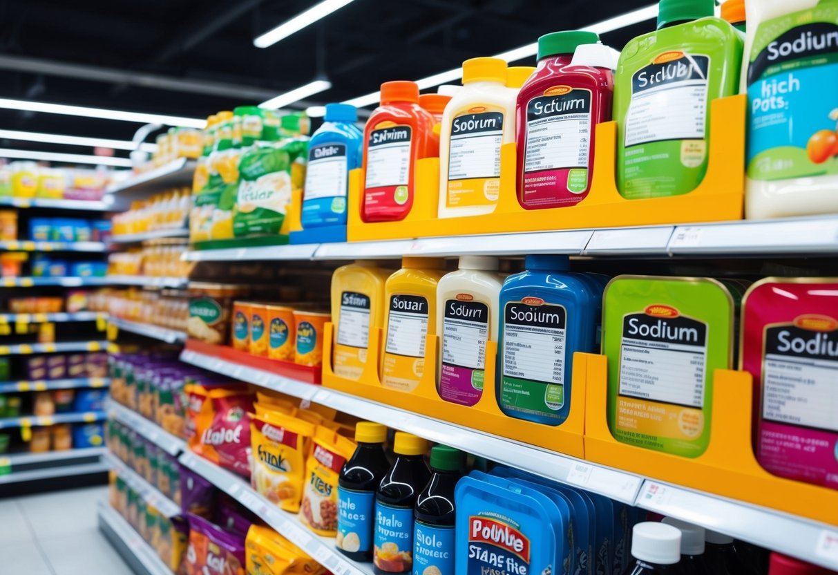 A colorful array of food products with clear nutrition labels, emphasizing sodium content, displayed in a supermarket aisle