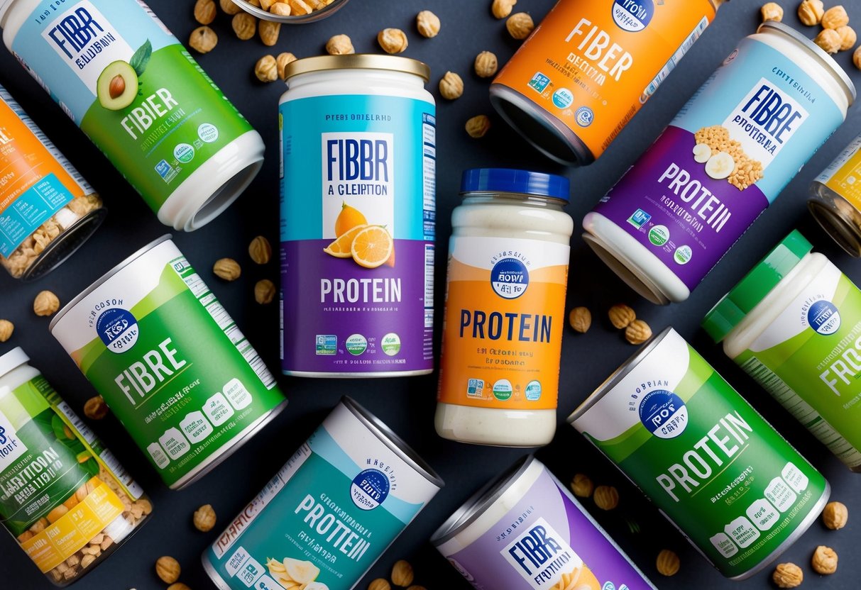 A colorful array of food products with prominent fiber and protein labels, surrounded by nutrition facts and ingredient lists