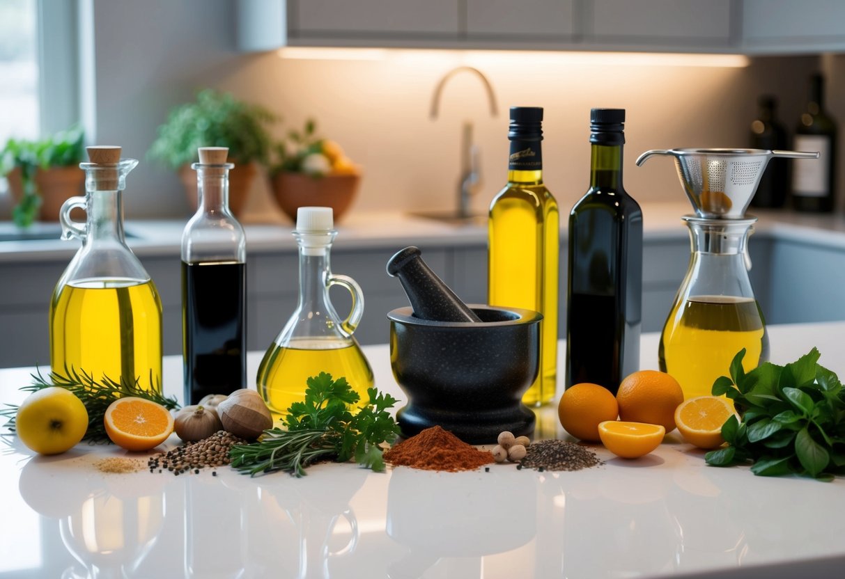 A kitchen counter with various herbs, spices, and fruits arranged next to bottles of oil and vinegar. A mortar and pestle, funnel, and strainer are also present