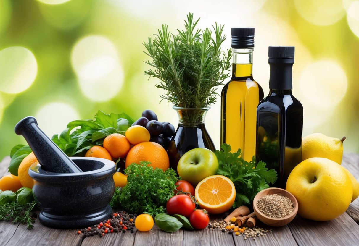 A collection of fresh herbs, spices, and fruits arranged next to bottles of oil and vinegar, with a mortar and pestle for crushing ingredients