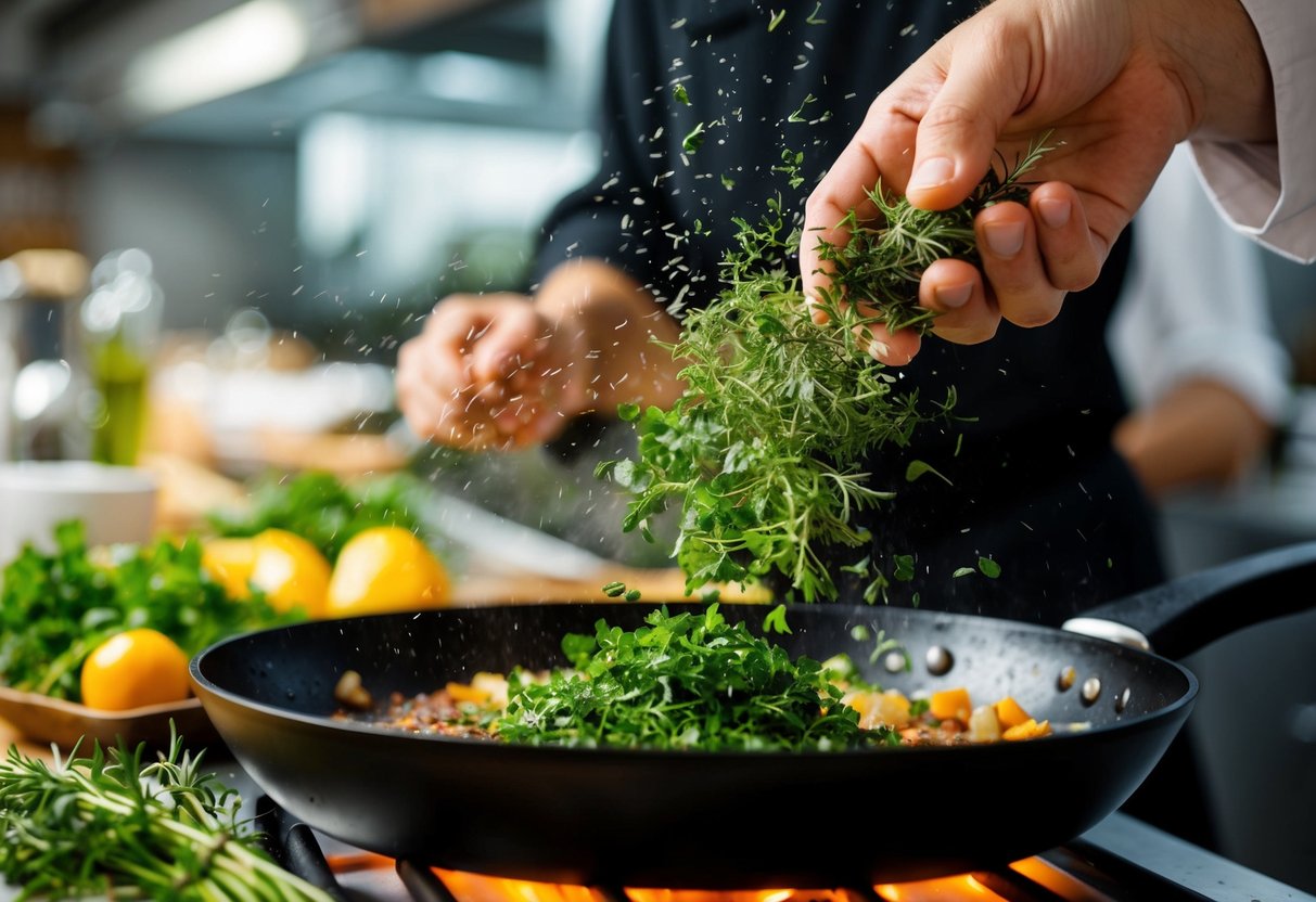 A chef's hand sprinkling a variety of fresh herbs onto a sizzling skillet of food. The vibrant colors and fragrant aromas fill the air, enhancing the dish instantly