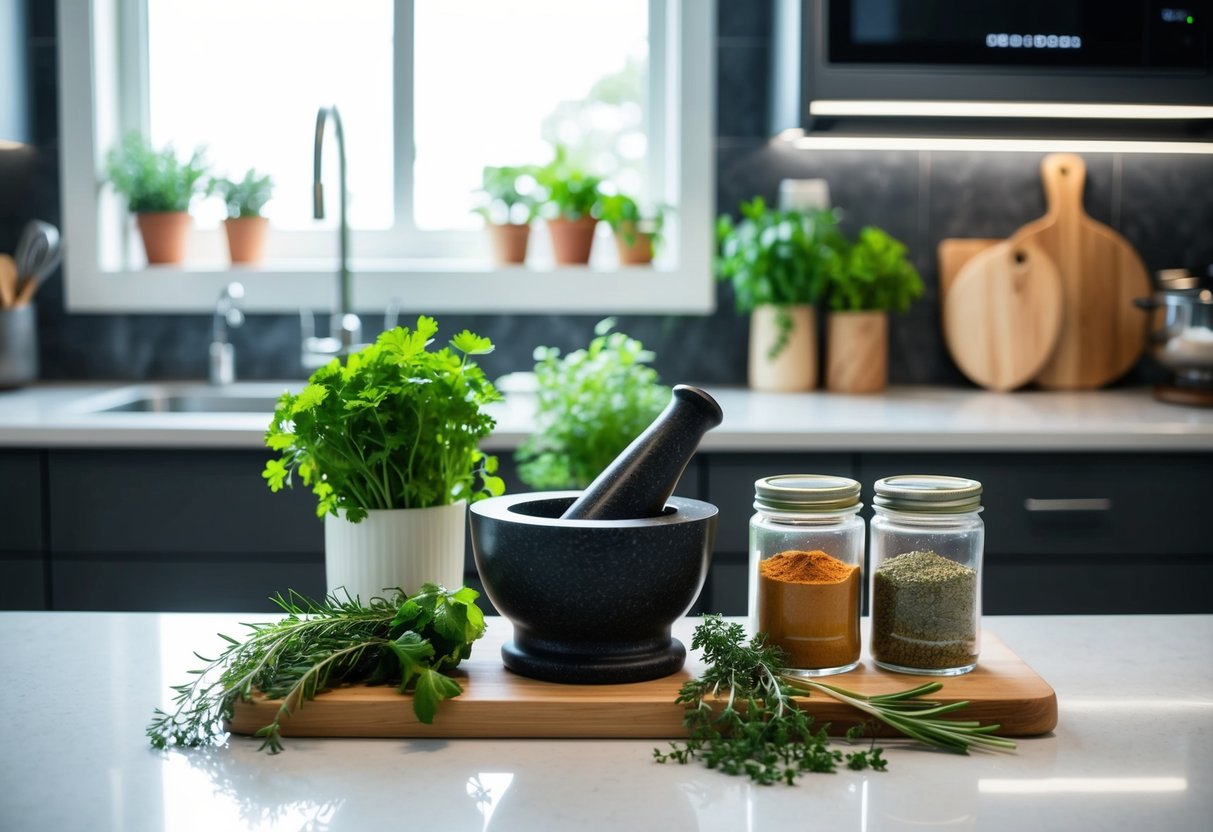 A kitchen counter with an array of fresh herbs, mortar and pestle, and spice jars ready for blending