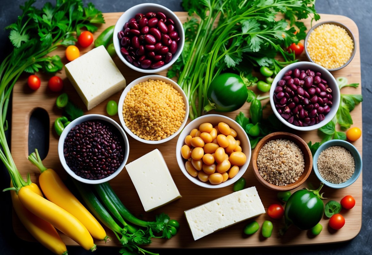 A colorful array of plant-based protein sources, including beans, lentils, tofu, and quinoa, arranged on a wooden cutting board with fresh vegetables and herbs scattered around