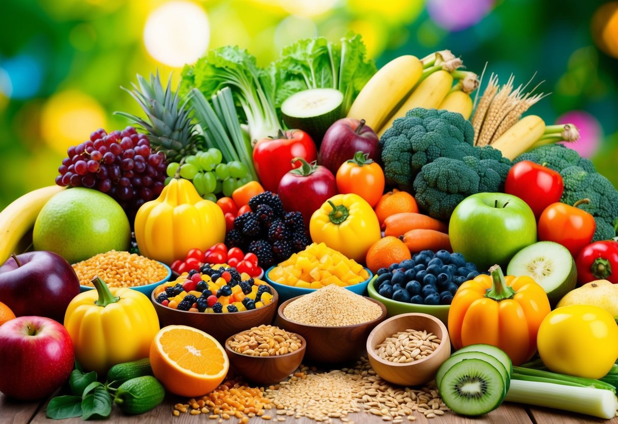 A colorful array of fruits, vegetables, and whole grains arranged in a vibrant display, surrounded by symbols of health and wellness