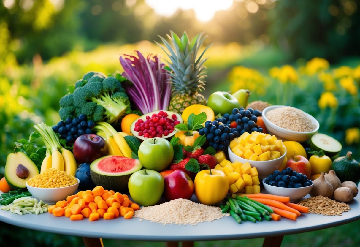A vibrant array of colorful fruits, vegetables, and whole grains arranged on a table, surrounded by digestive enzymes and probiotic-rich foods