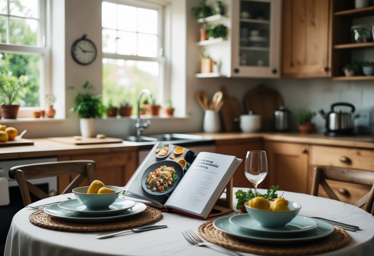 A cozy kitchen with fresh ingredients, a cookbook open to a 20-minute dinner recipe, and two place settings on a romantic table