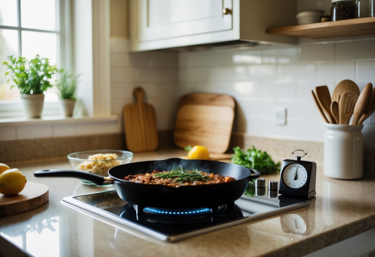 A cozy kitchen with a clutter-free countertop, a sizzling skillet, fresh ingredients, and a timer set for 20 minutes