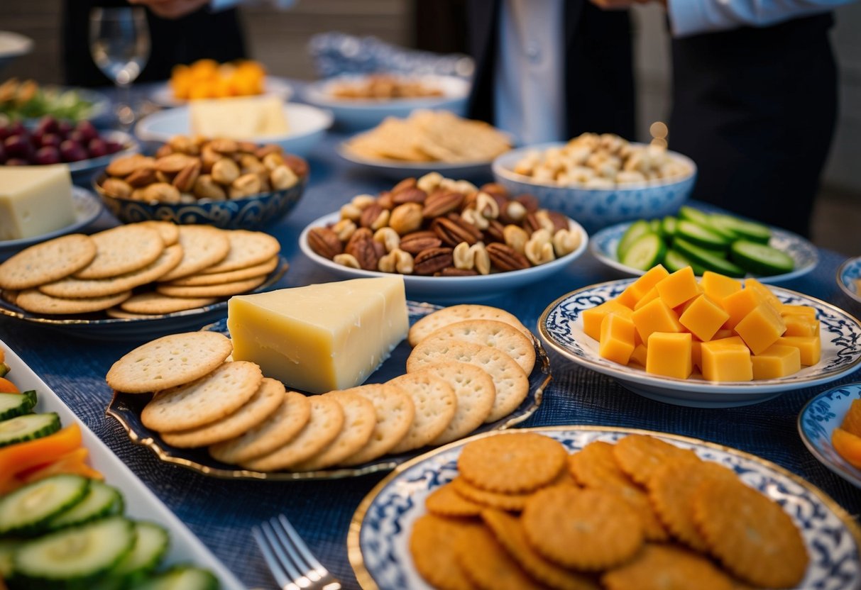 A table filled with an assortment of savory snacks, including cheese and crackers, nuts, and sliced vegetables, arranged on decorative serving dishes