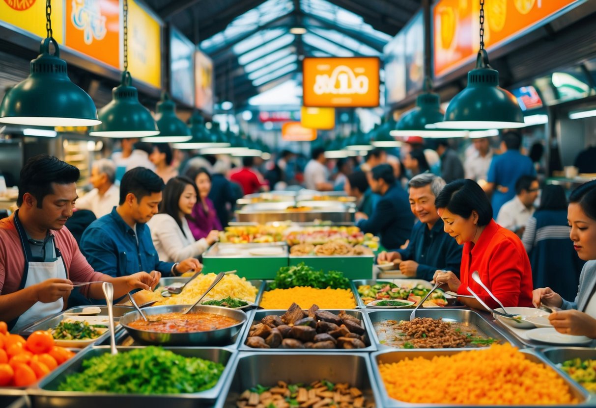 A bustling food market with diverse cuisines, colorful stalls, and people dining together in a vibrant, communal atmosphere