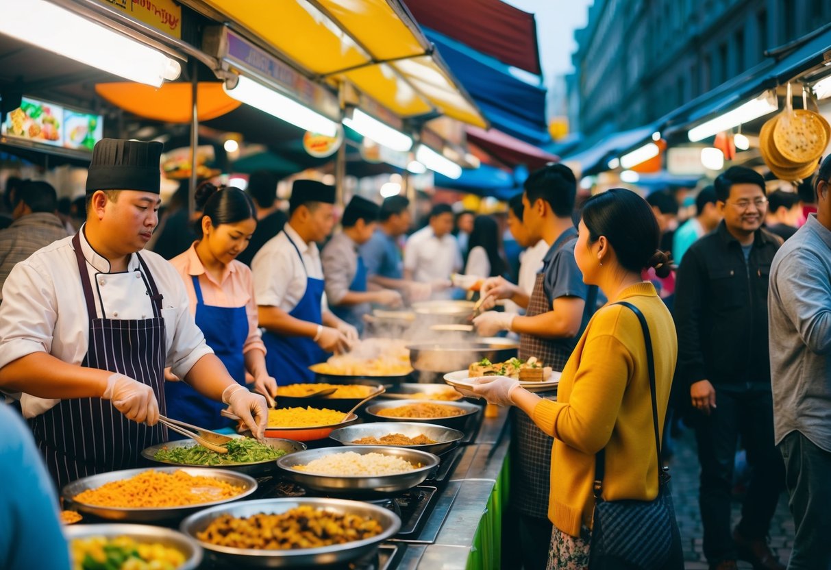 A bustling market with colorful stalls selling a variety of global street foods. Vendors are busy cooking and serving dishes to a diverse crowd of eager customers