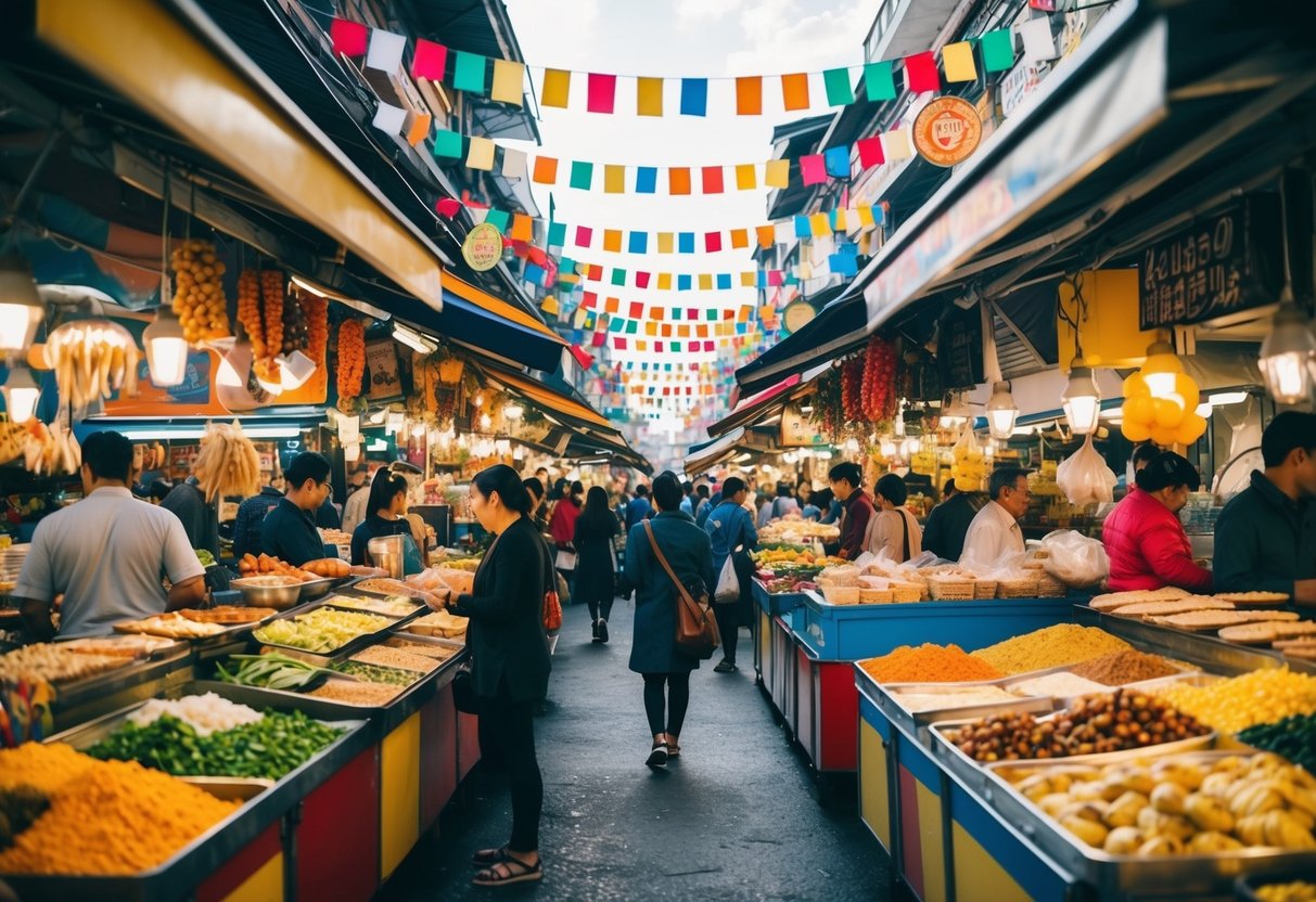 A bustling street market with colorful food stalls, diverse cultural decorations, and a mix of aromas wafting through the air