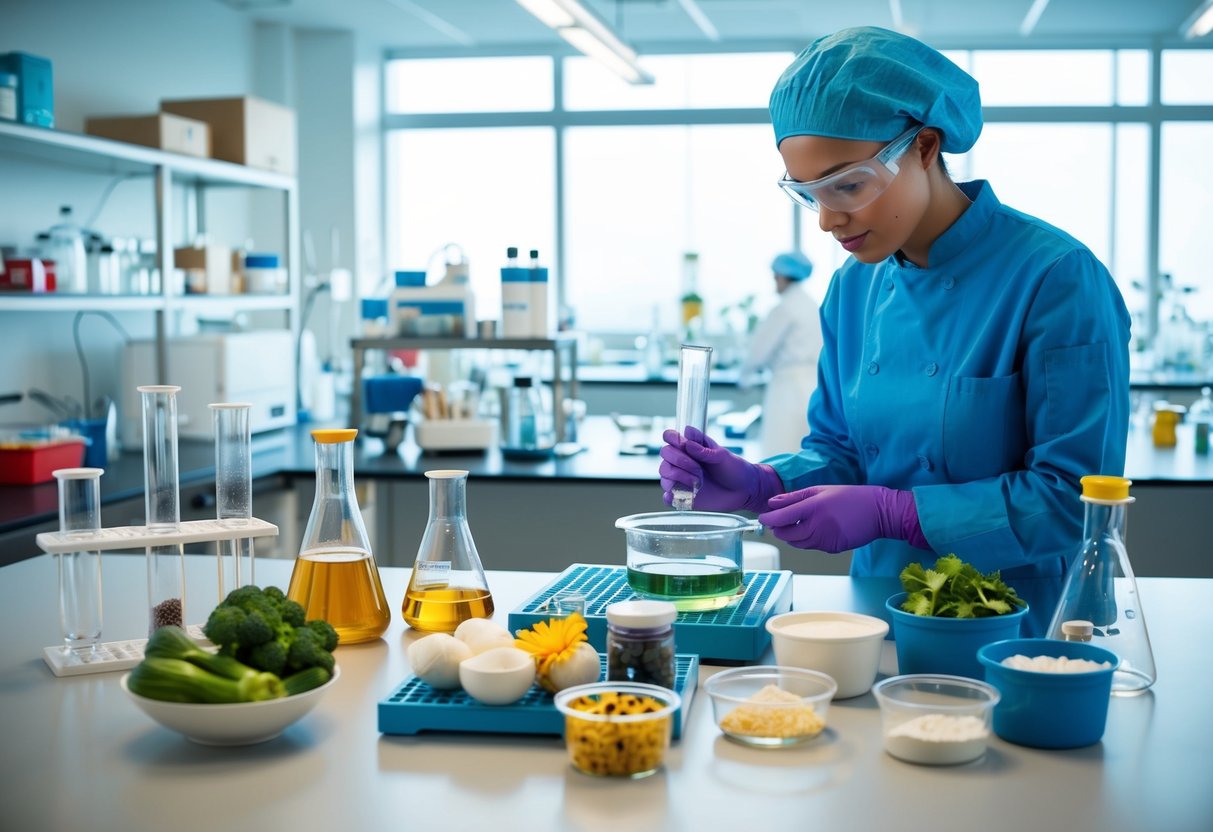 A laboratory setting with various scientific equipment and ingredients, showcasing the exploration of cutting-edge culinary science and food innovations