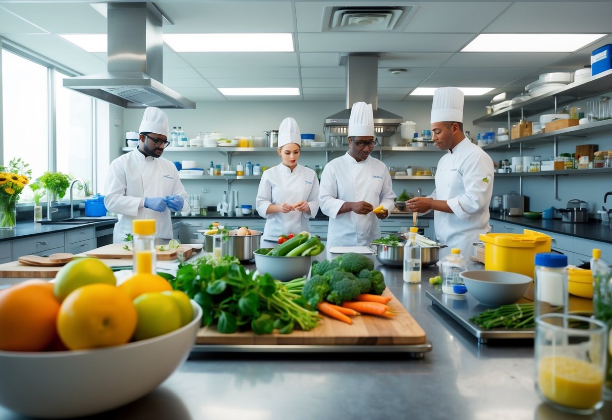A bustling kitchen laboratory filled with modern equipment and sustainable ingredients, as chefs and scientists work together to create innovative food solutions