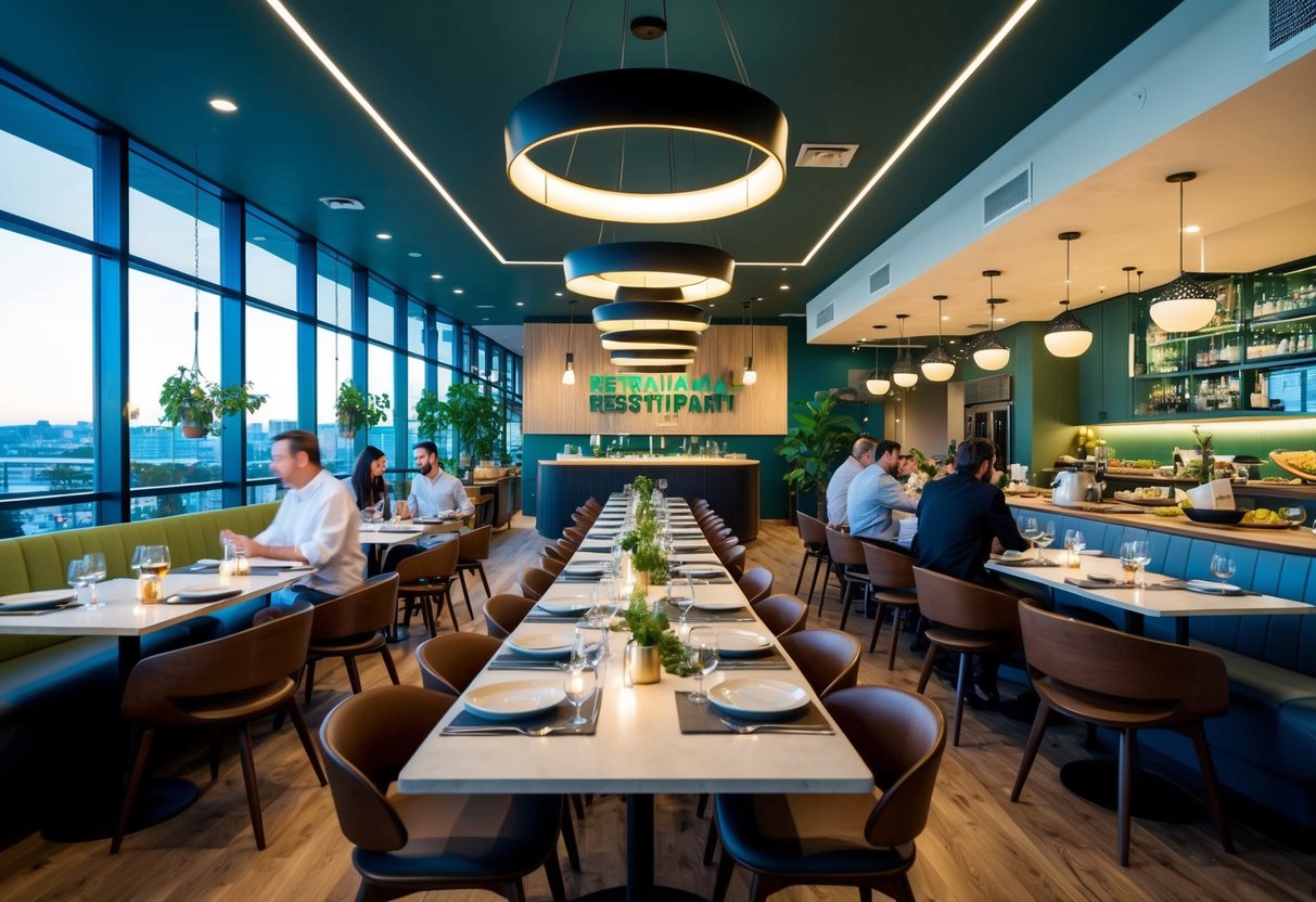 A bustling restaurant with modern, eco-friendly decor, featuring innovative sustainable food options and cutting-edge technology