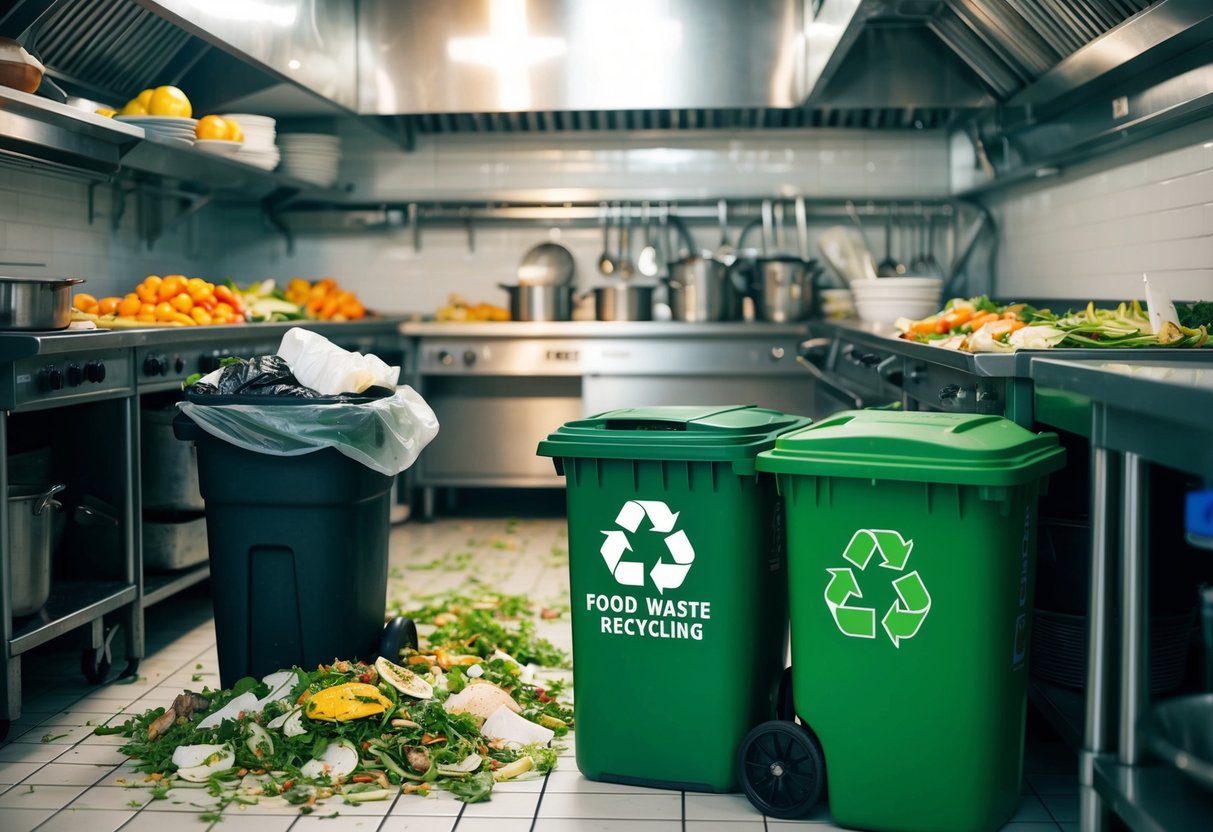 A bustling restaurant kitchen with overflowing trash bins and unused food scraps, contrasted with a modern, eco-friendly food waste recycling system